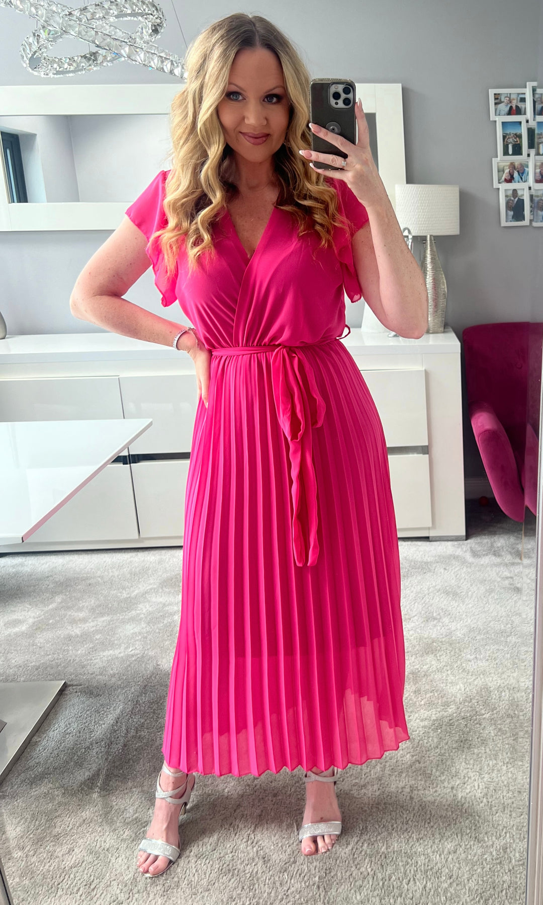 Amalfi Coast Hot Pink Chiffon Short Sleeve Pleated Belted Maxi Dress
