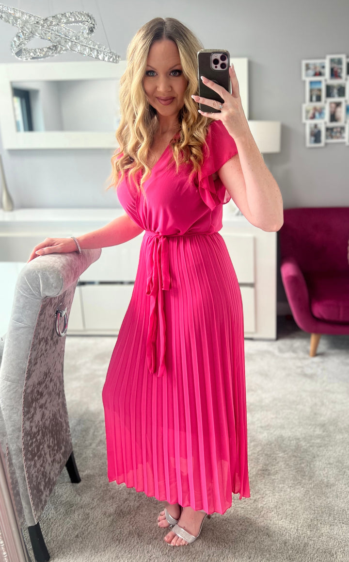 Amalfi Coast Hot Pink Chiffon Short Sleeve Pleated Belted Maxi Dress