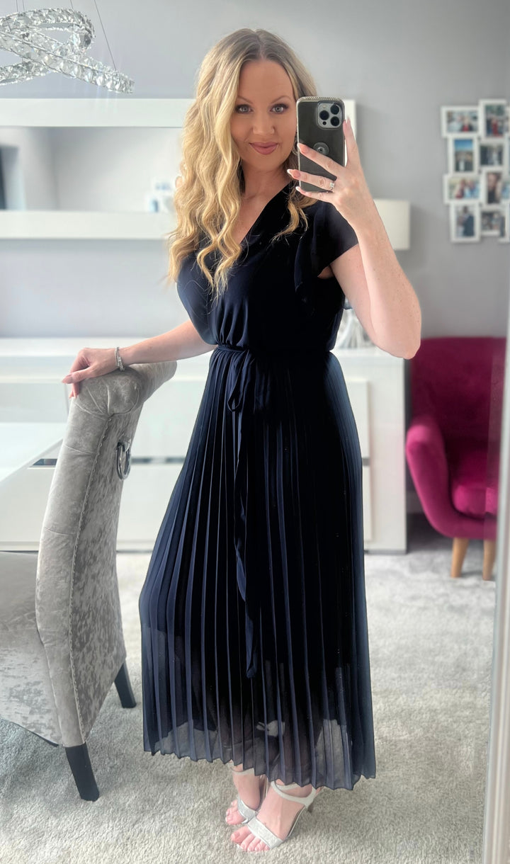 Amalfi Coast Navy Chiffon Short Sleeve Pleated Belted Maxi Dress