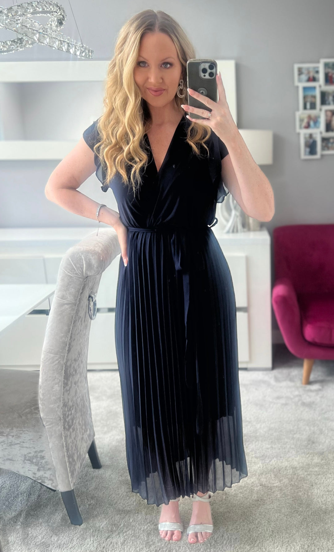 Amalfi Coast Navy Chiffon Short Sleeve Pleated Belted Maxi Dress