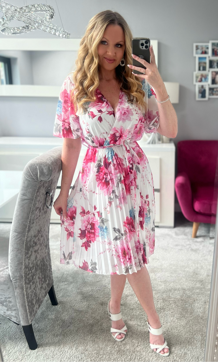 Lily White & Pink Floral Short Sleeve Chiffon Pleated Midi Dress