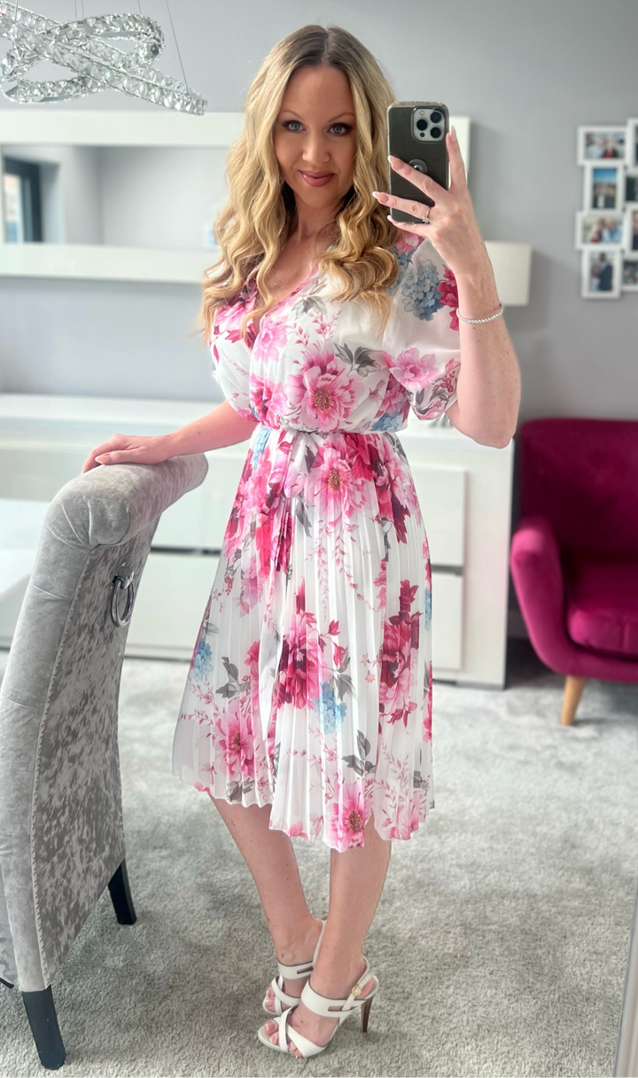 Lily White & Pink Floral Short Sleeve Chiffon Pleated Midi Dress