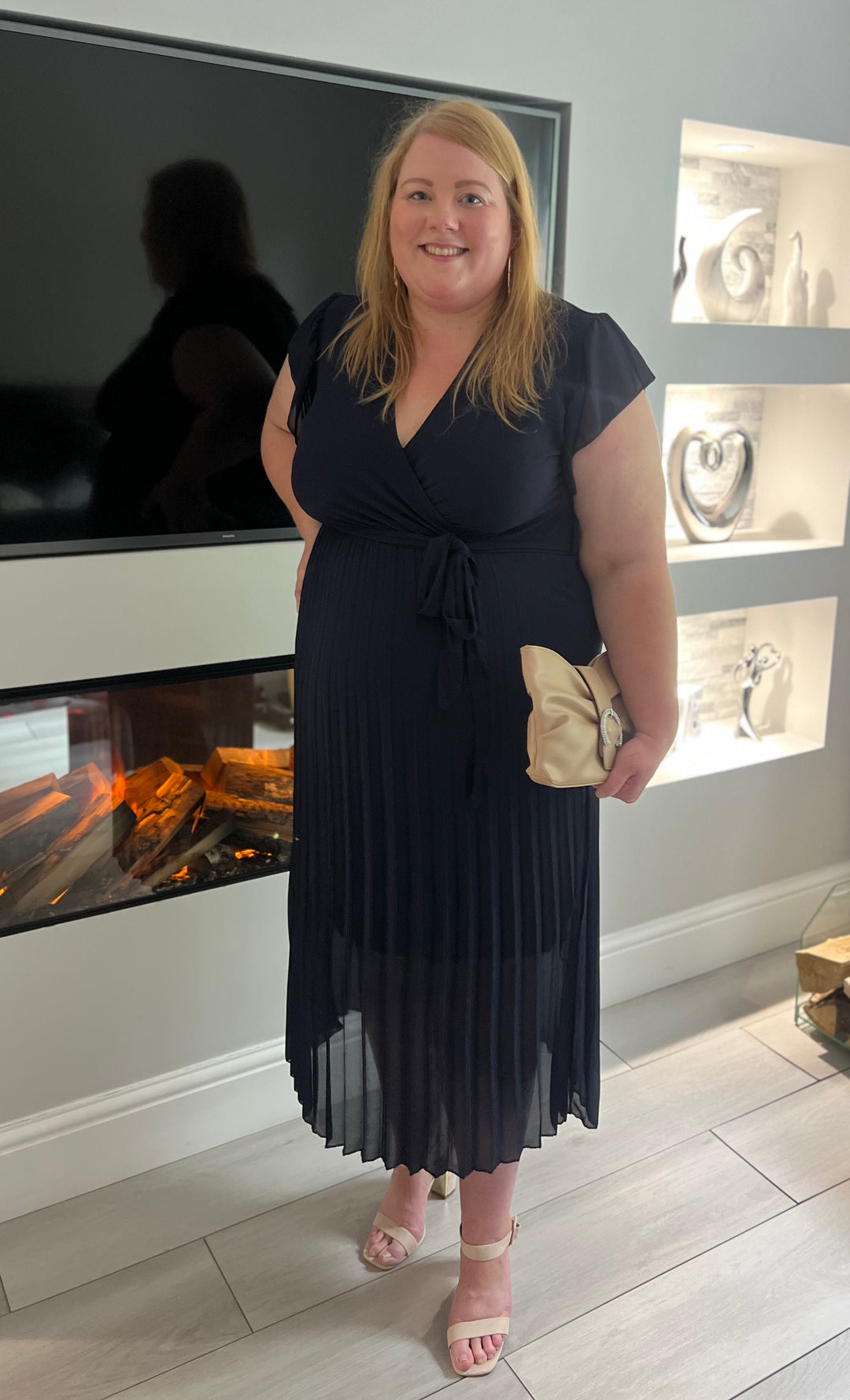 Amalfi Coast Navy Chiffon Short Sleeve Pleated Belted Maxi Dress