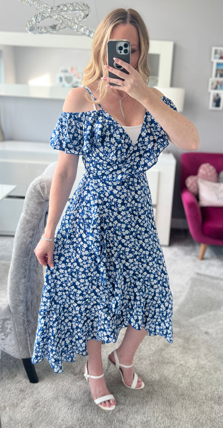 Carys Blue Ditsy Floral Print Wrap Cami Cold Shoulder Midi/Maxi Dress