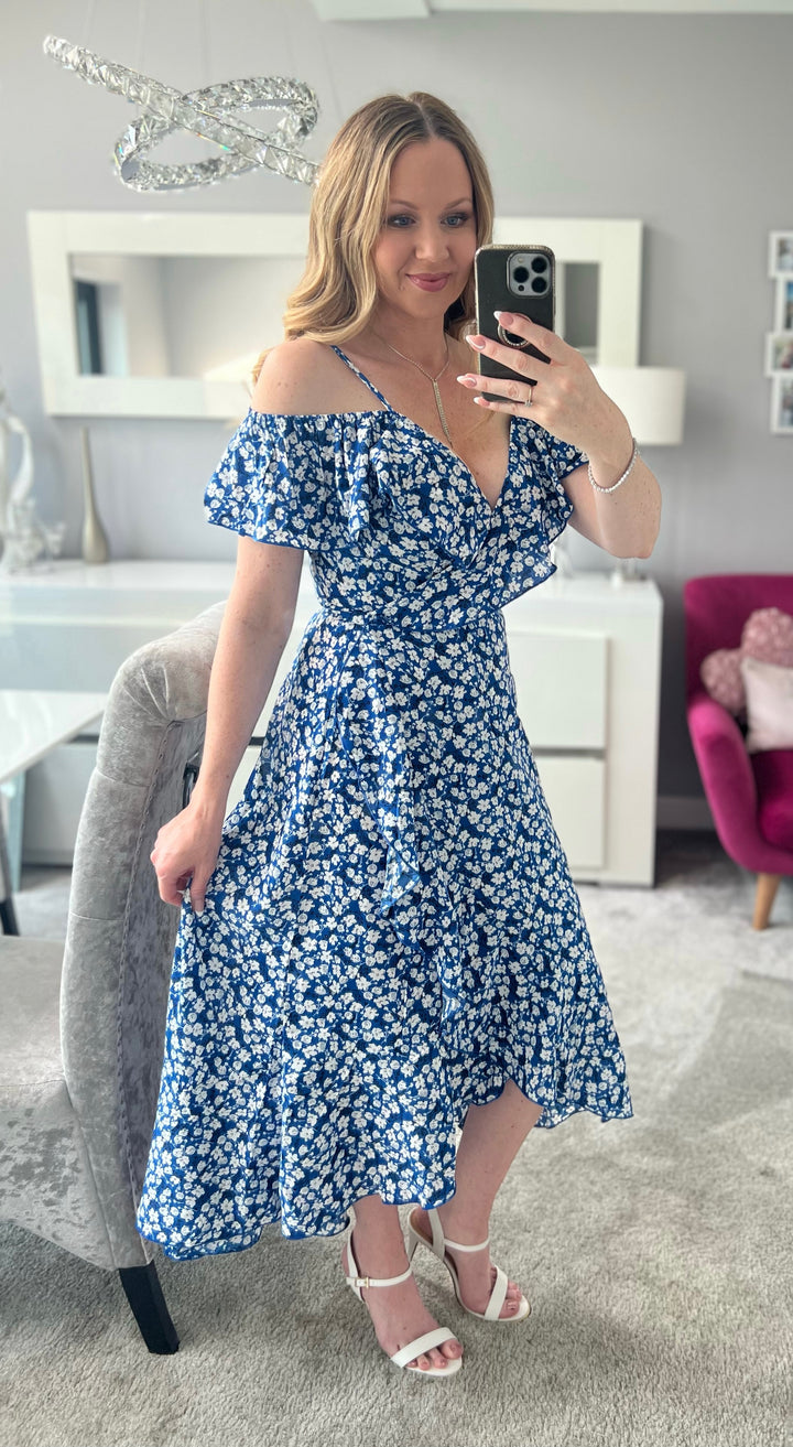 Carys Blue Ditsy Floral Print Wrap Cami Cold Shoulder Midi/Maxi Dress
