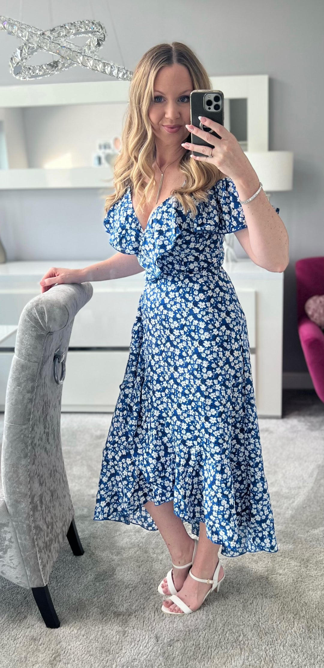 Carys Blue Ditsy Floral Print Wrap Cami Cold Shoulder Midi/Maxi Dress
