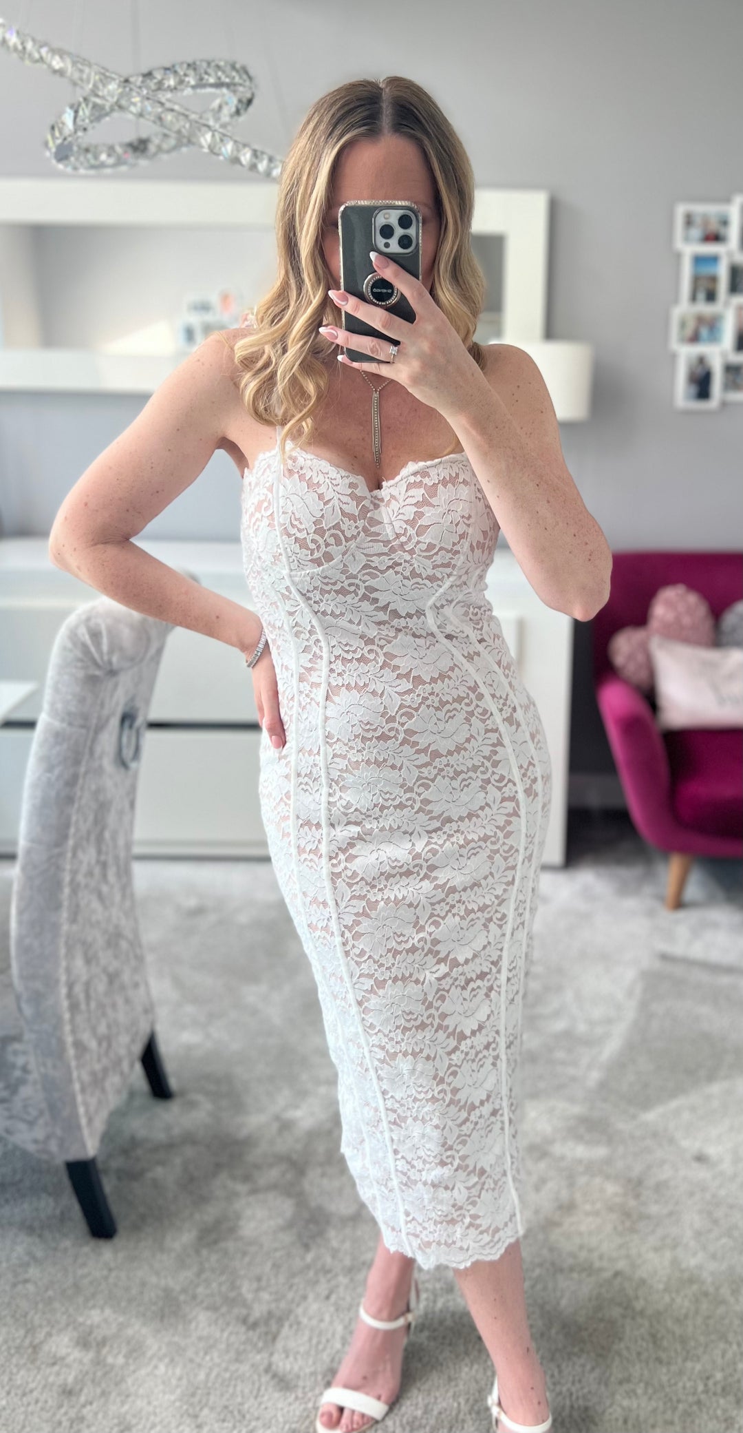 Date Night White & Nude Lace Lined Bodycon Midi Dress