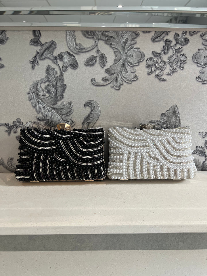Marbella Diamante & Pearl Embellished Box Clutch Bag - Black