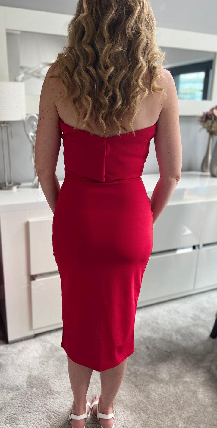 Passionista Red Bardot/strapless 2 Way Bodycon Midi Dress