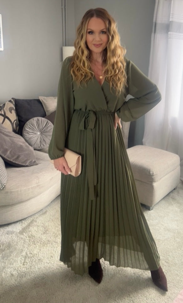 Amalfi Coast Khaki Chiffon Long Sleeve Pleated Belted Maxi Dress