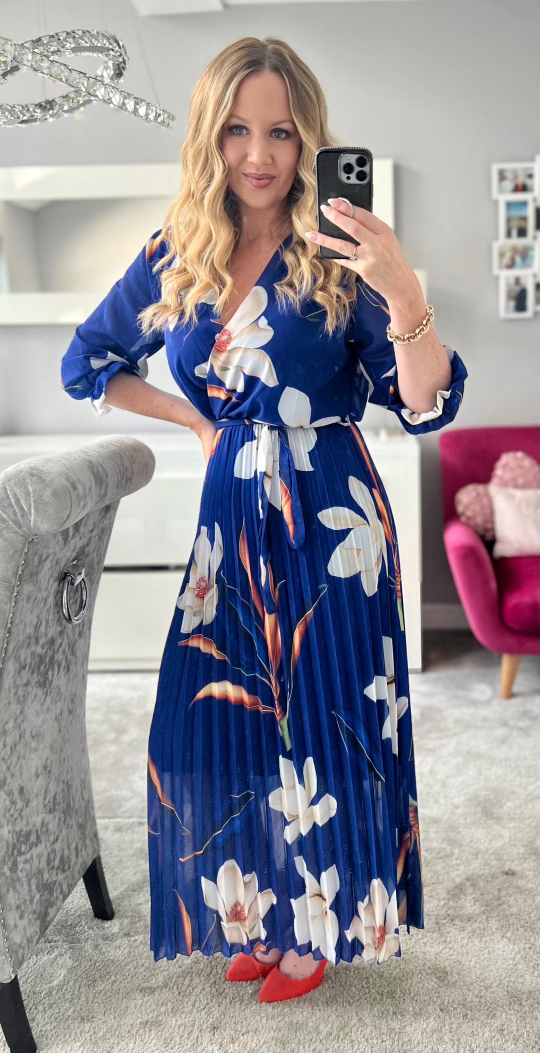 Elle Cobalt Blue Floral Chiffon Pleated Belted 3/4 Length Sleeve Maxi Dress - 2 LENGTHS