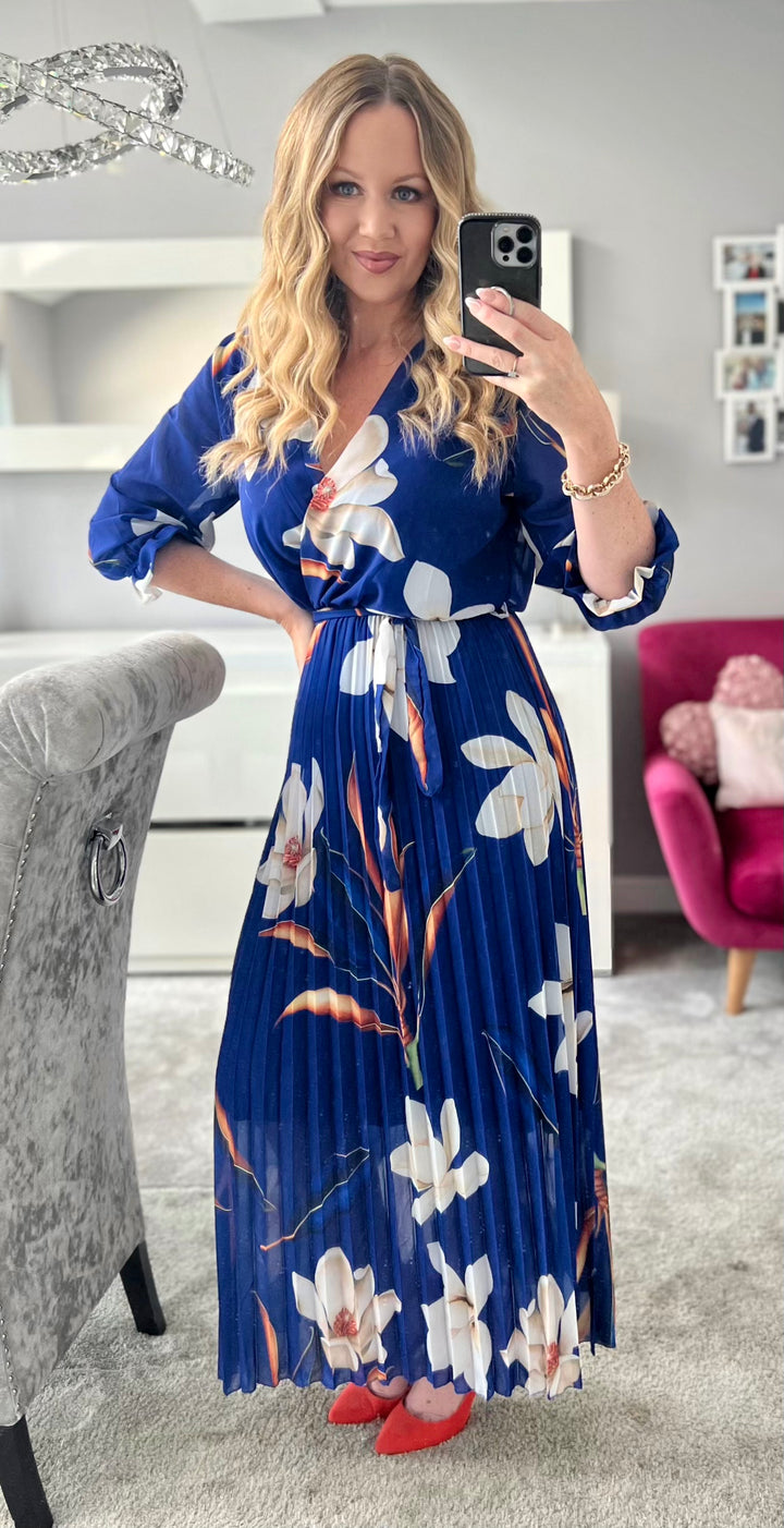 Elle Cobalt Blue Floral Chiffon Pleated Belted 3/4 Length Sleeve Maxi Dress - 2 LENGTHS