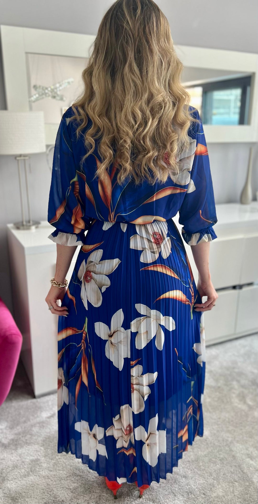 Elle Cobalt Blue Floral Chiffon Pleated Belted 3/4 Length Sleeve Maxi Dress - 2 LENGTHS