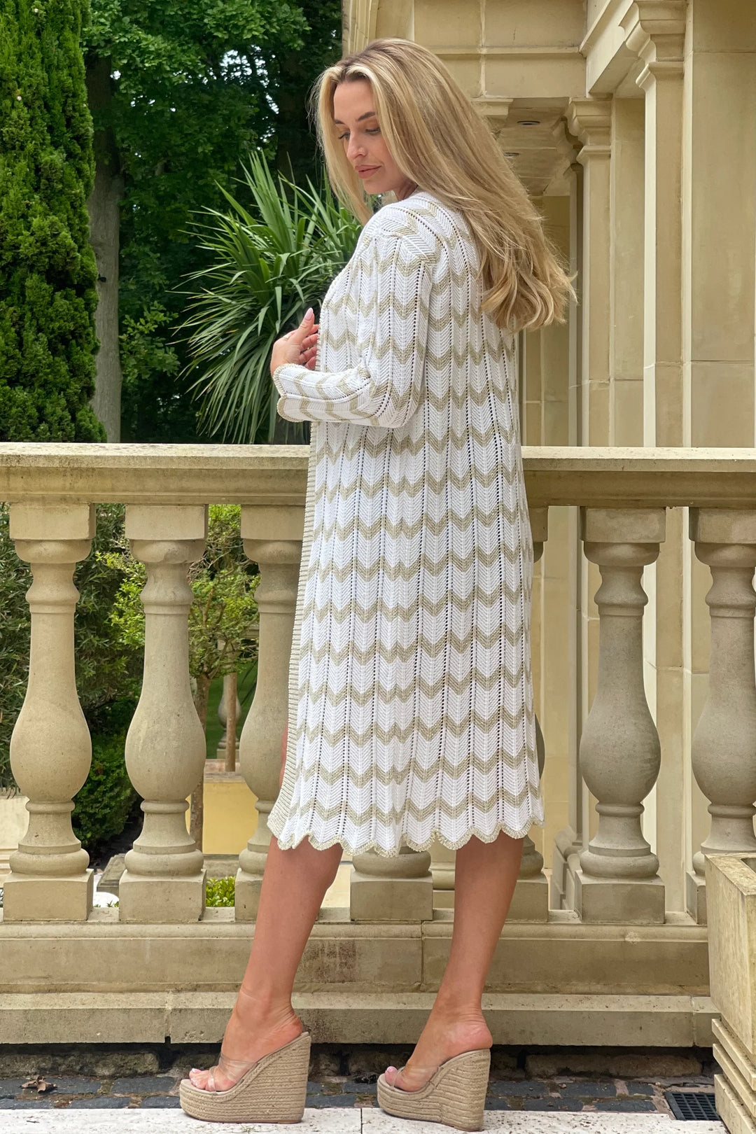 Ingrid Crochet Gold Chevron Long Cardigan