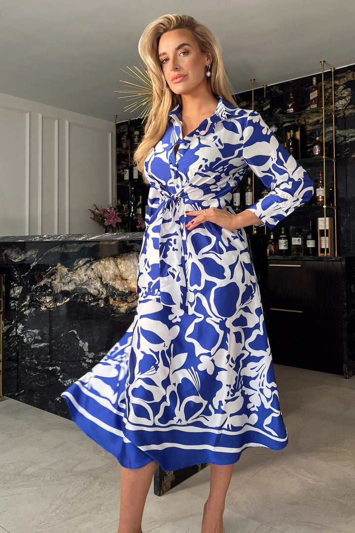 Isabelle Cobalt Blue Floral Tie Front 3/4 Sleeve Midaxi Shirt Dress