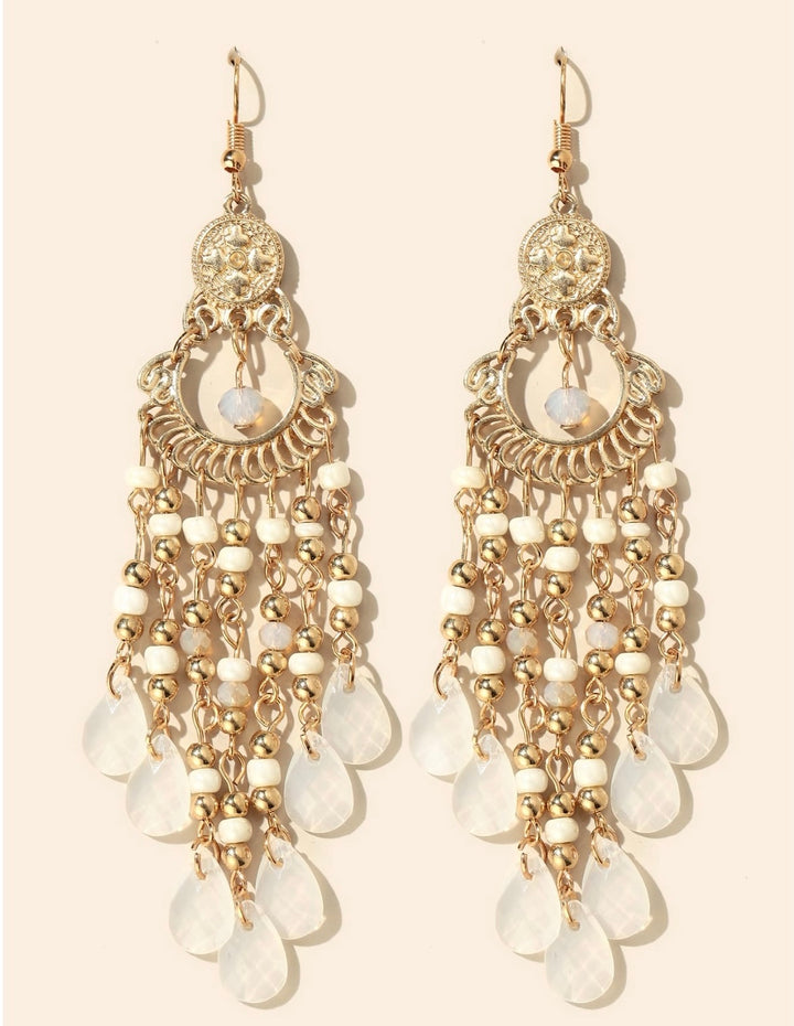 Dangly Bohemian Earrings in Gold With Opaque Drops & Beads