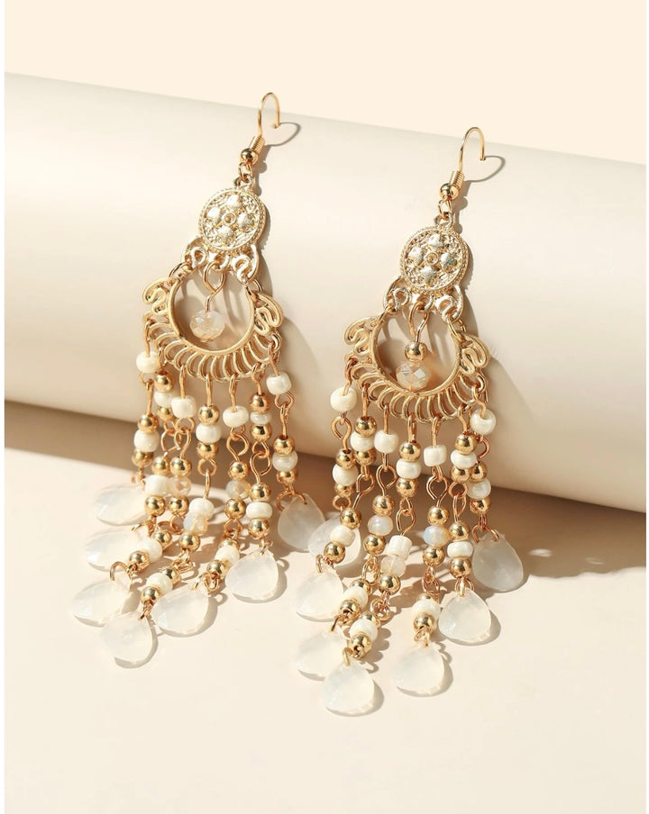 Dangly Bohemian Earrings in Gold With Opaque Drops & Beads