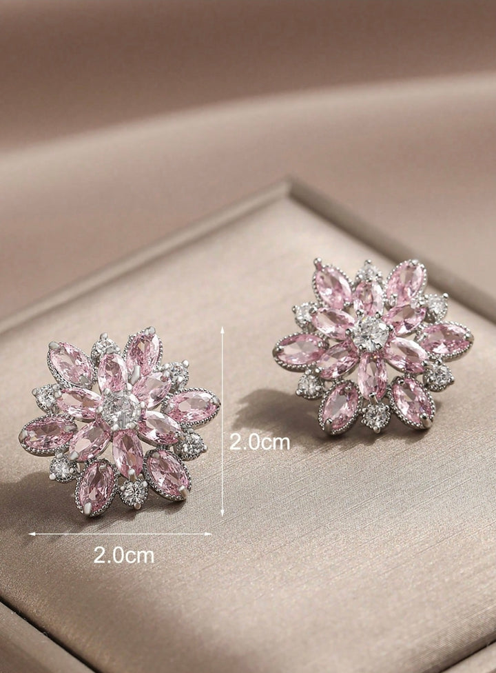 Flower Cubic Zirconia Stud Earrings in Pink