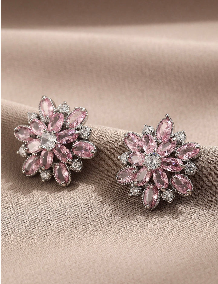 Flower Cubic Zirconia Stud Earrings in Pink