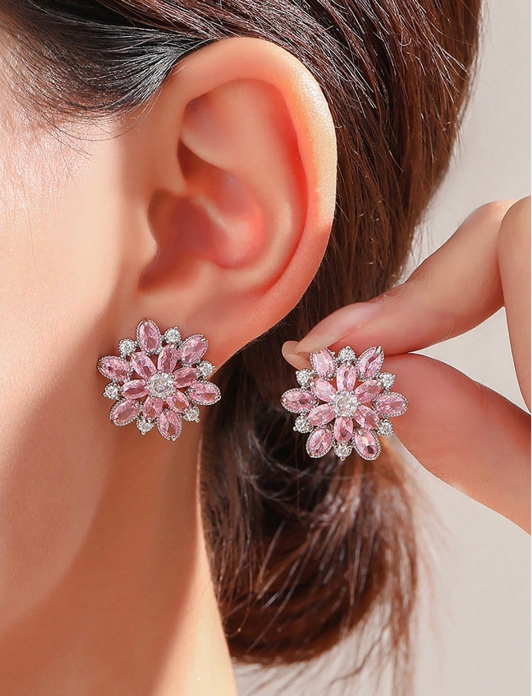 Flower Cubic Zirconia Stud Earrings in Pink