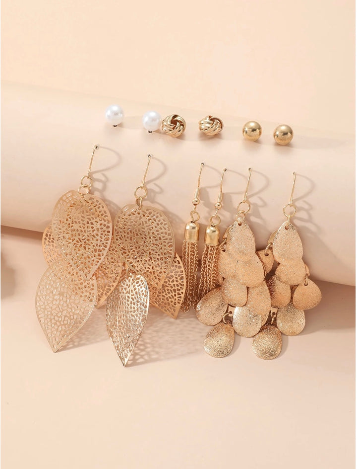 12 piece Leaf, Shell, Tassel & Stud Earrings Set In Gold AMAZING VALUE