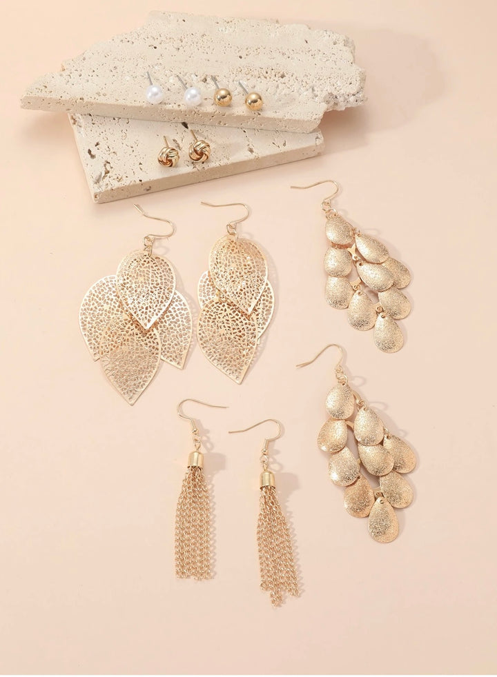12 piece Leaf, Shell, Tassel & Stud Earrings Set In Gold AMAZING VALUE
