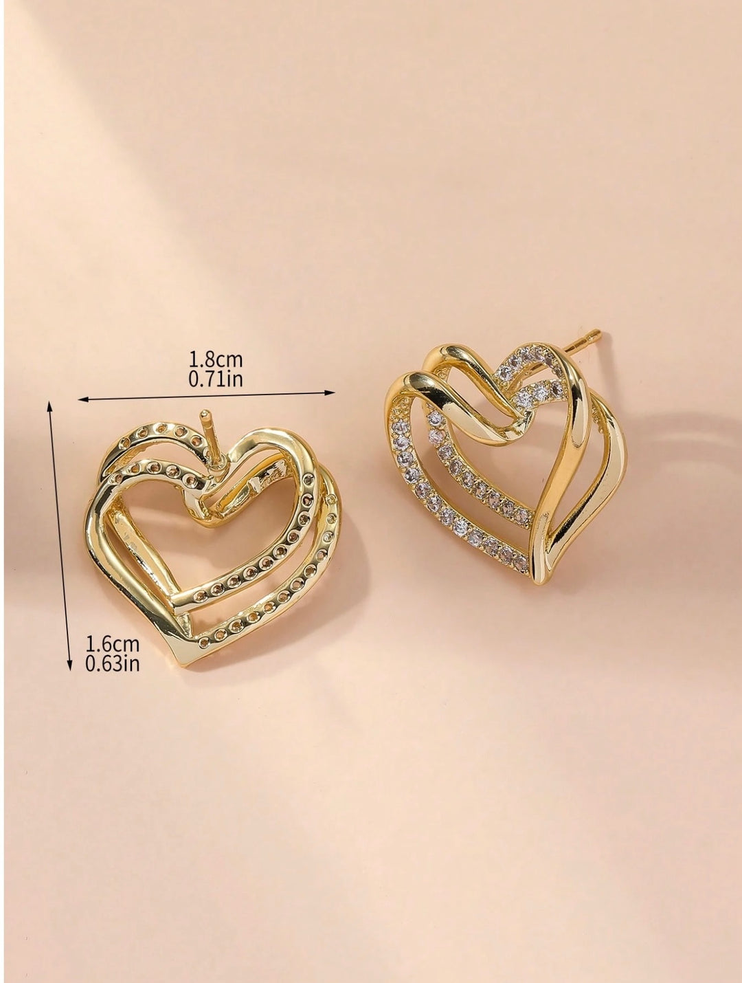 Double Layer Diamante Heart Earrings in Gold