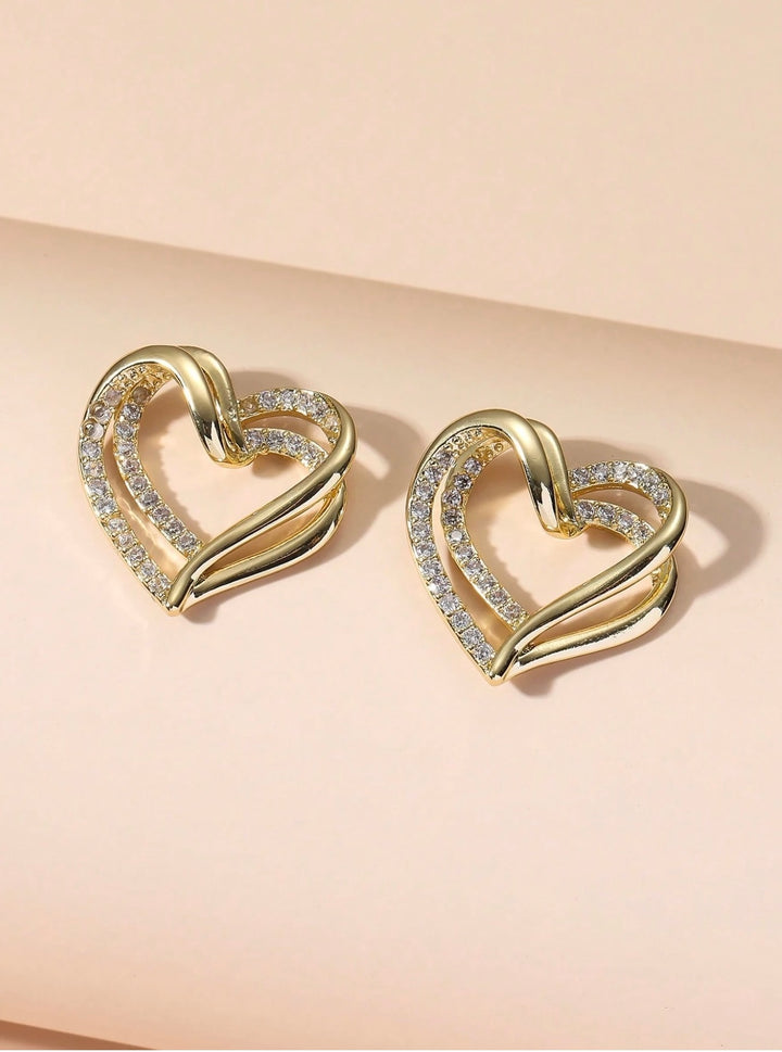 Double Layer Diamante Heart Earrings in Gold