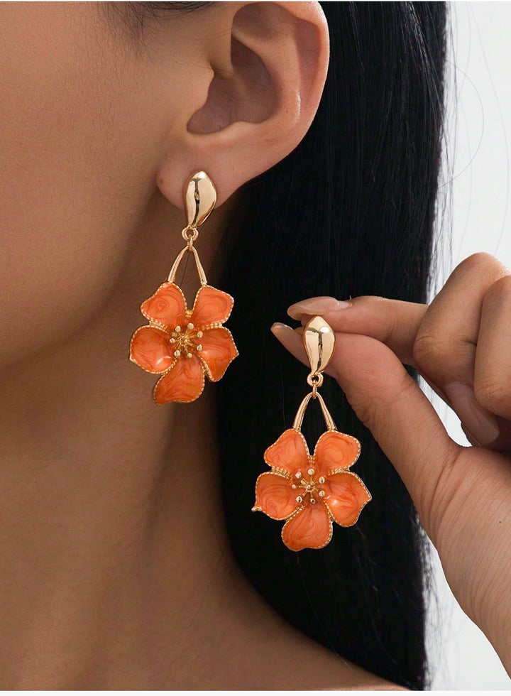Orange Oil Drop Flower Pendant Earrings