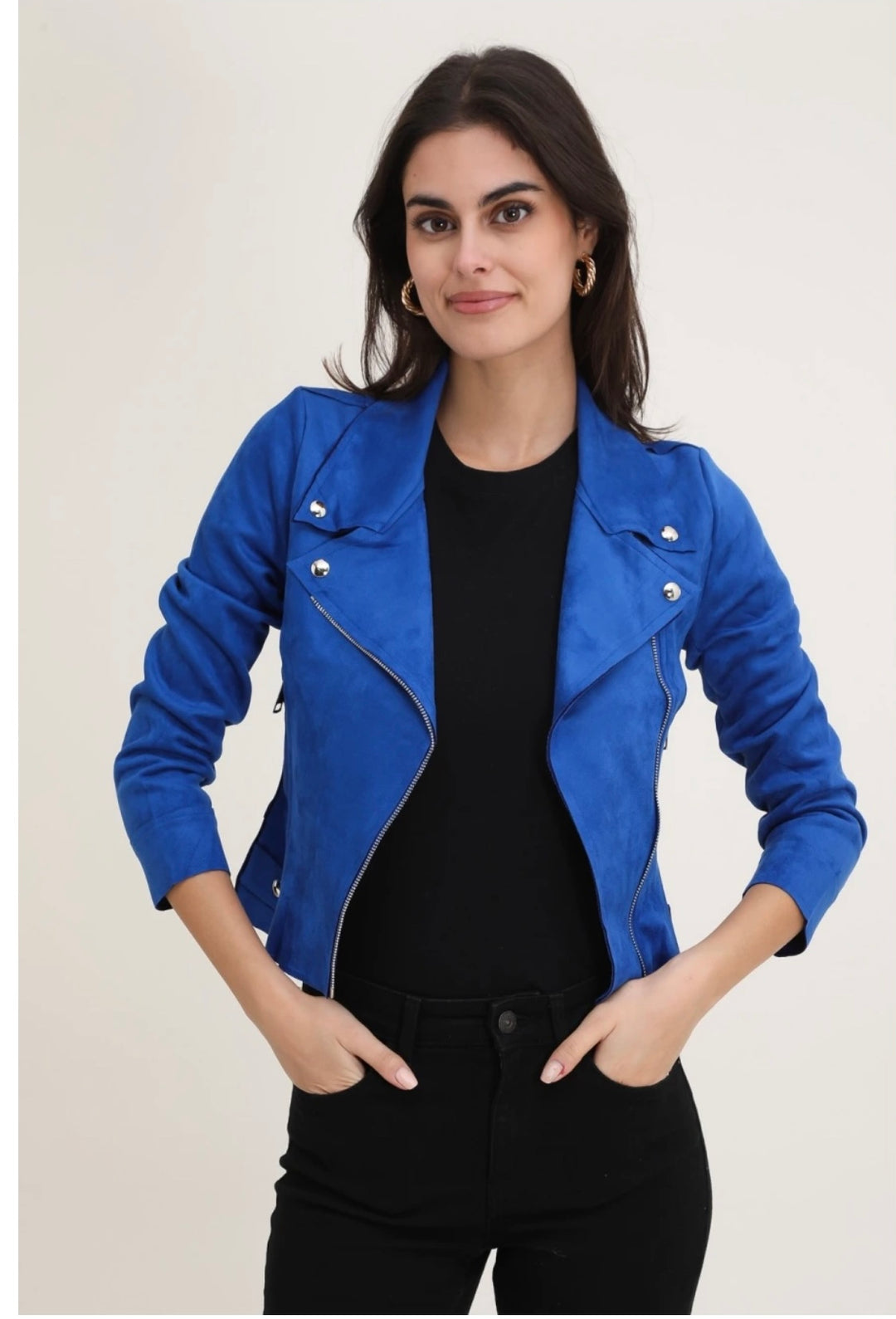 Savannah Cobalt Blue Suedette Zip Detail Lightweight Biker Jacket