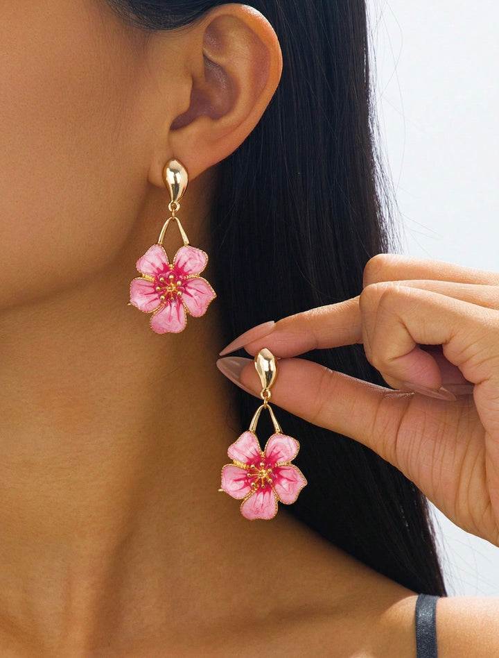 Pink Oil Drop Flower Pendant Earrings