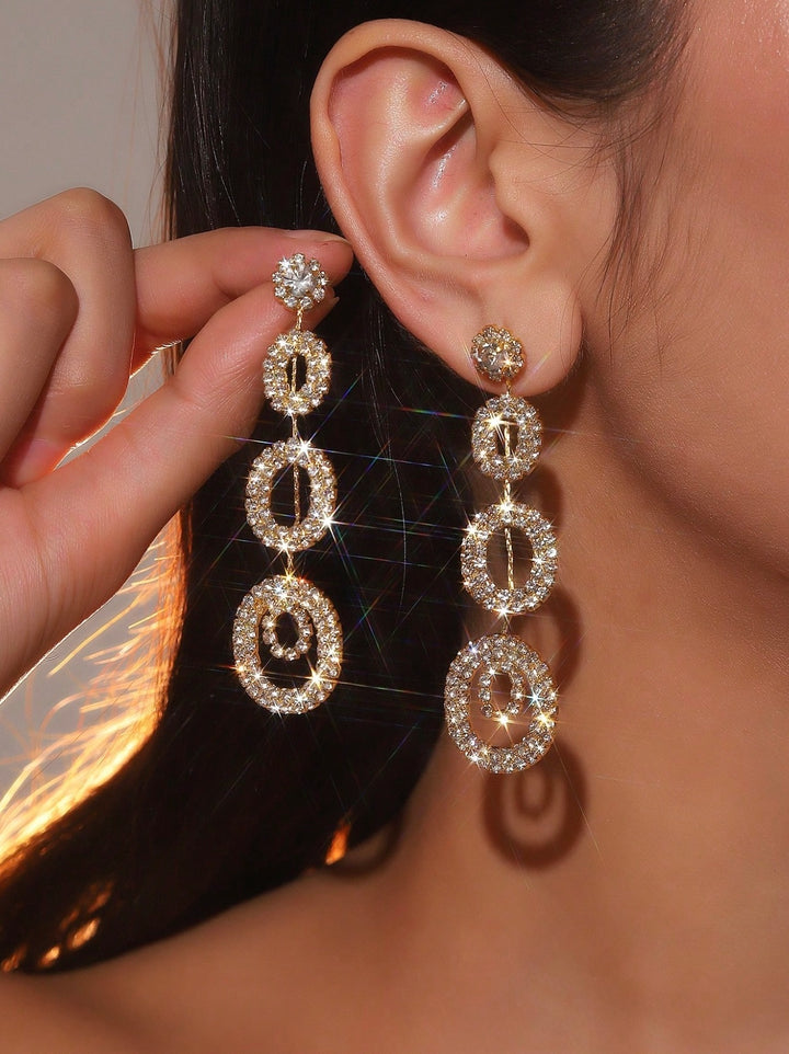 Dangly Concentric Circle Diamante Earrings in Gold