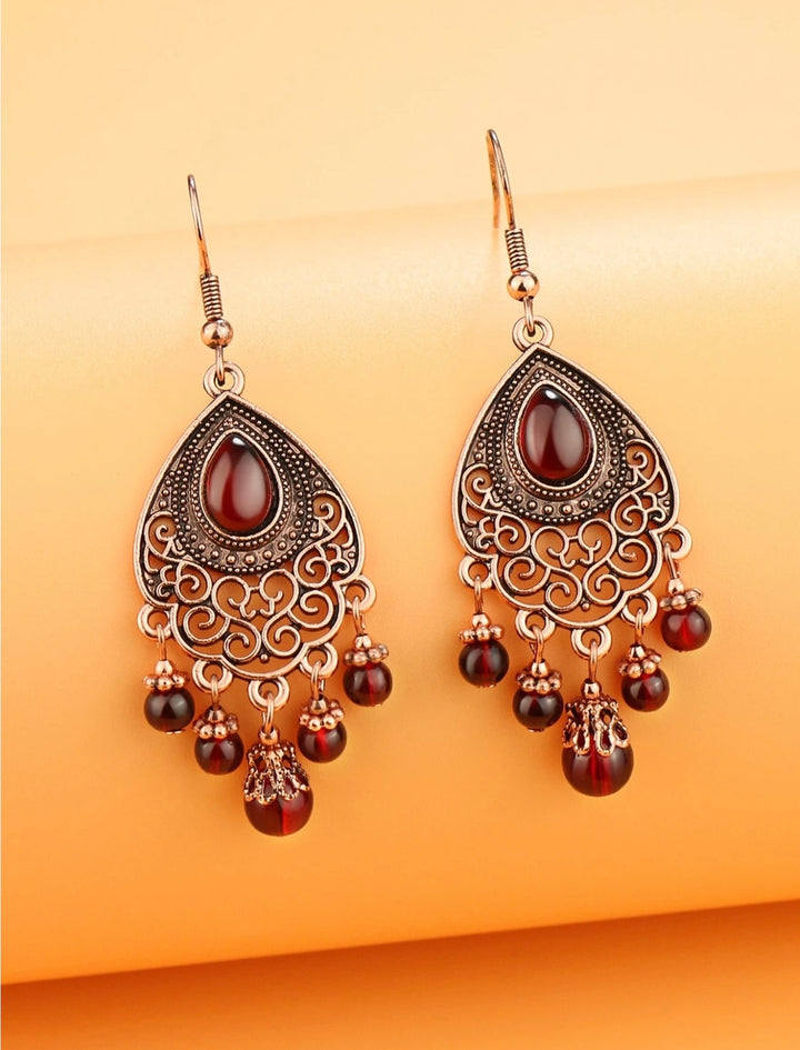 Dangly Boho Indian Earrings in Antique Gold & Burgundy