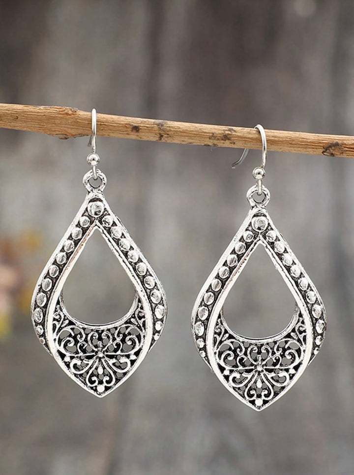 Dangly Filigree Boho Teardrop Earrings in Antique Silver