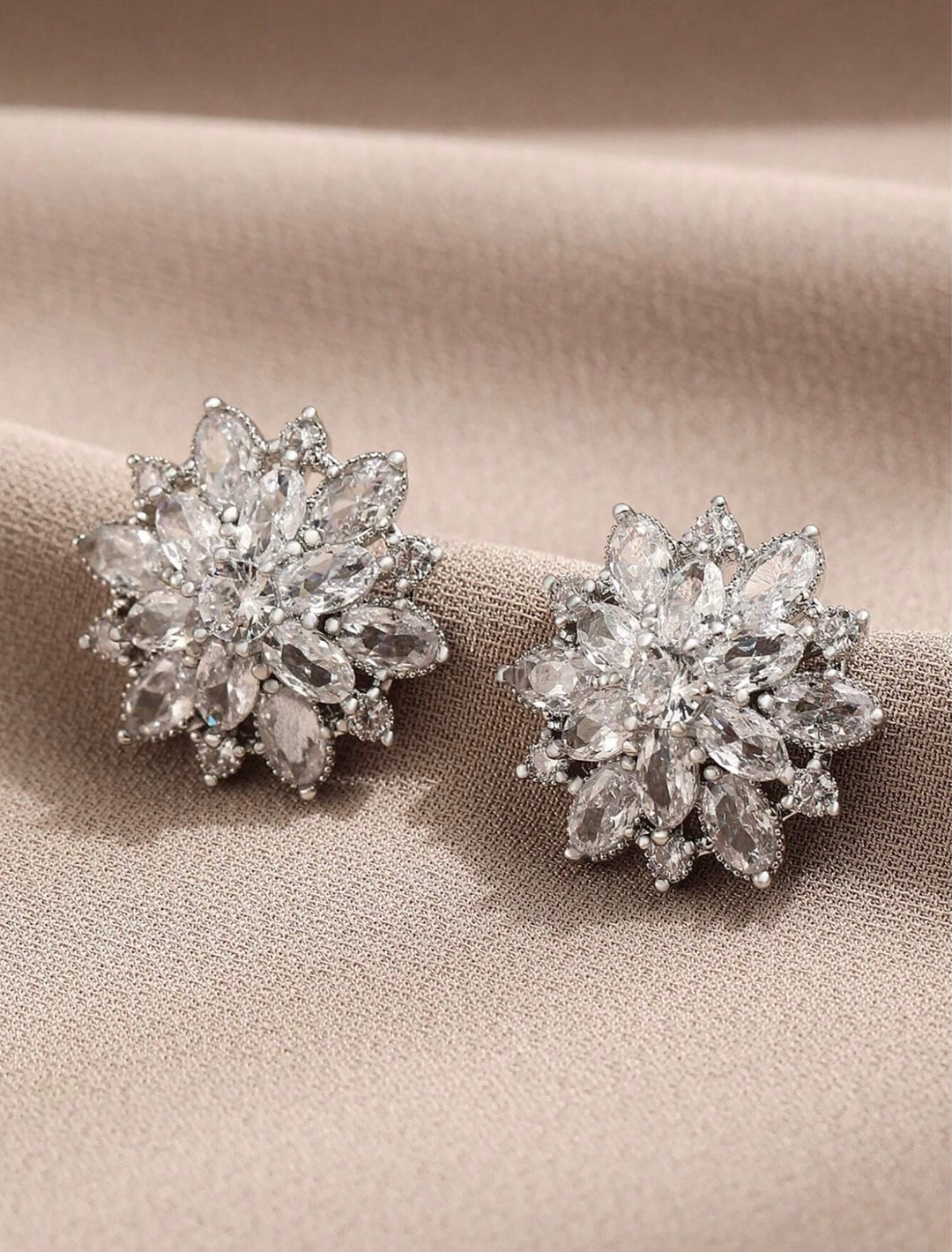 Flower Cubic Zirconia Stud Earrings in Silver