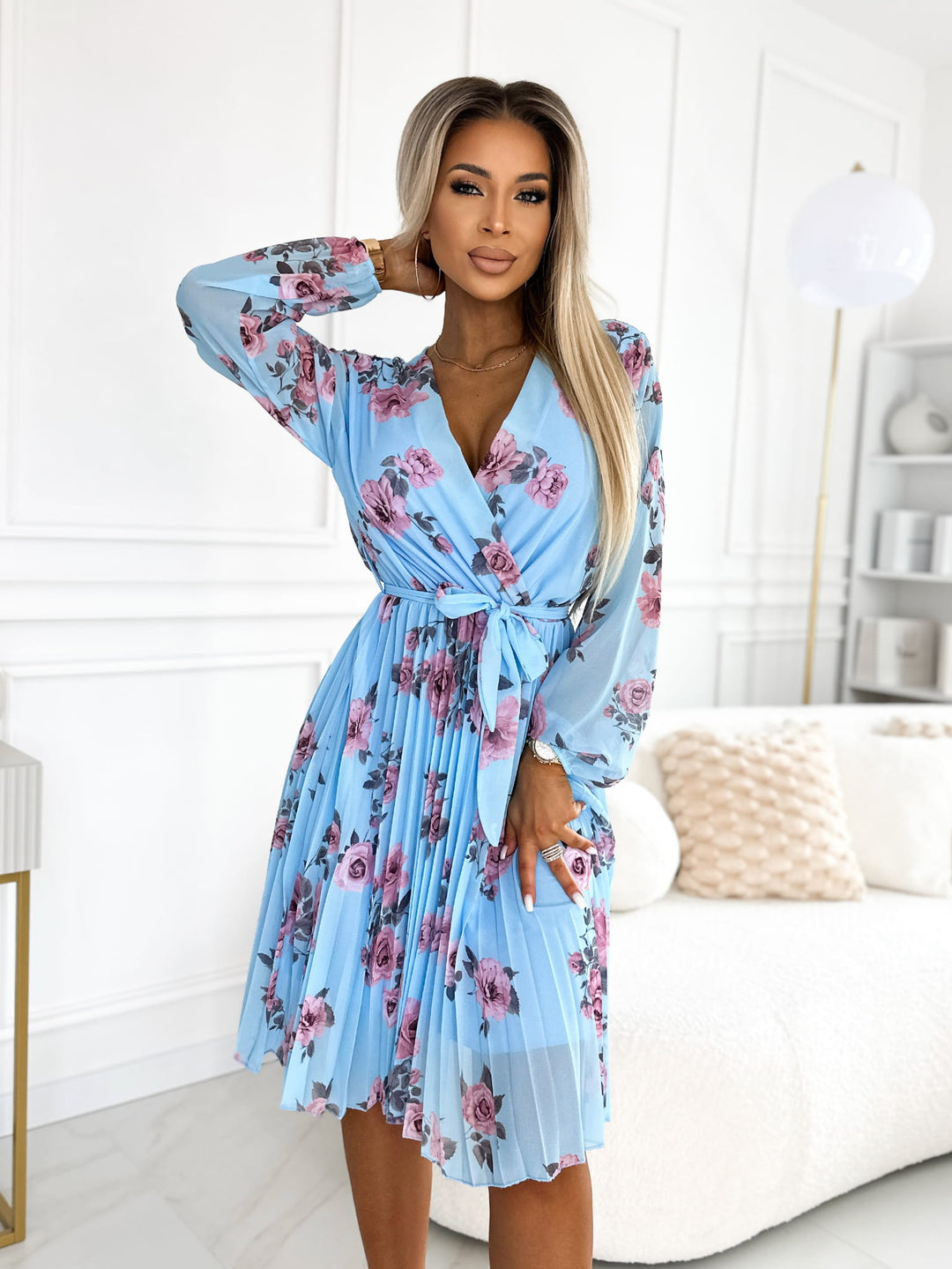 Joanie Sky Blue Floral Long Sleeve Chiffon Pleated Midi Dress