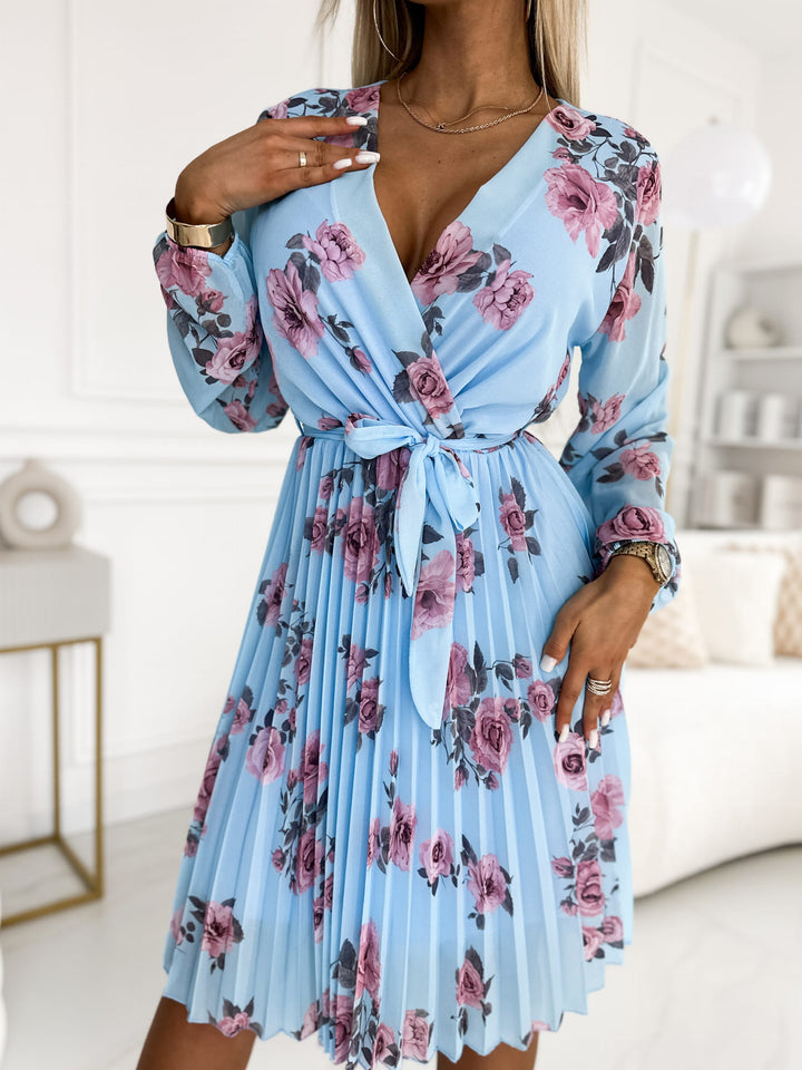 Joanie Sky Blue Floral Long Sleeve Chiffon Pleated Midi Dress