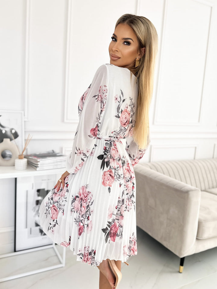 Joanie White Floral Long Sleeve Chiffon Pleated Midi Dress