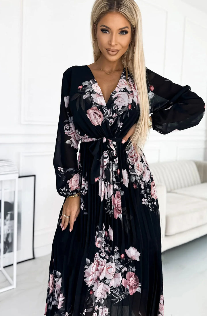 Amalfi Coast Black & Pale Pink Floral Chiffon Long Sleeve Pleated Belted Maxi Dress
