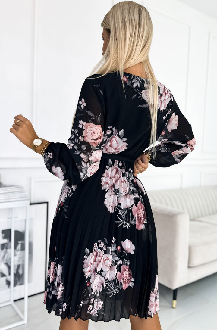 Joanie Black Floral Long Sleeve Chiffon Pleated Midi Dress