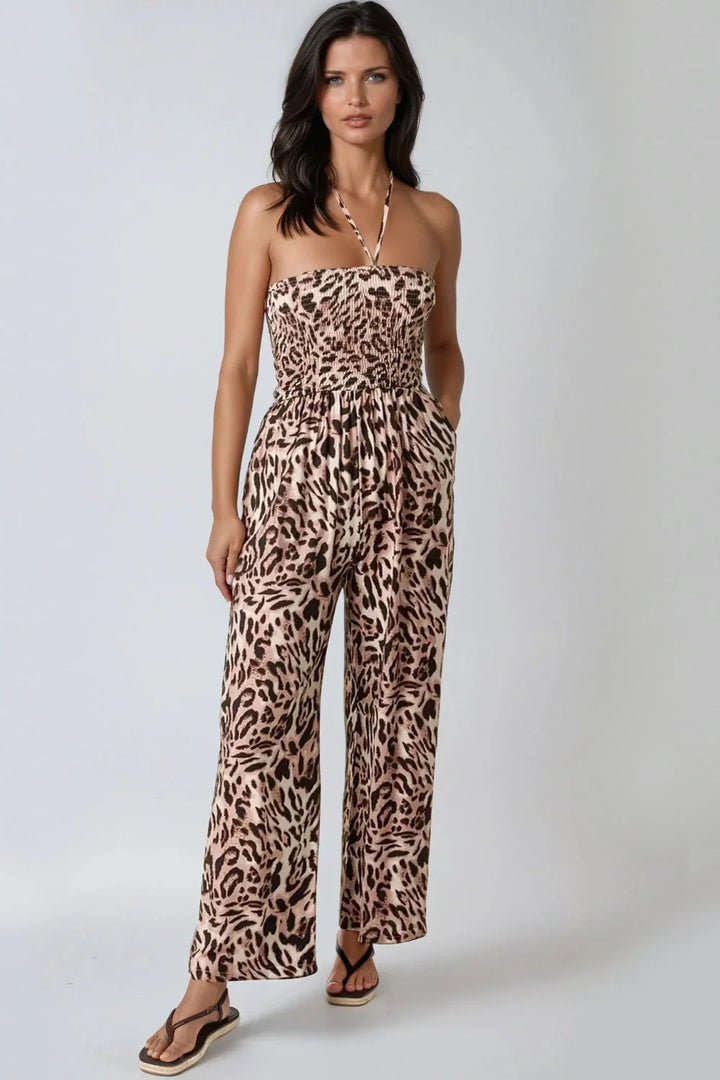 Patsy Leopard Print Bandeau Strapless Wide Leg Jumpsuit