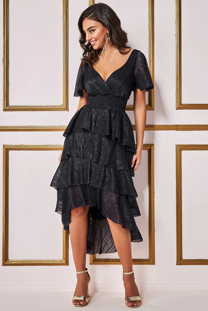 Milani Black Crinkle Lurex High Low Angel Sleeve Tiered Midi Dress