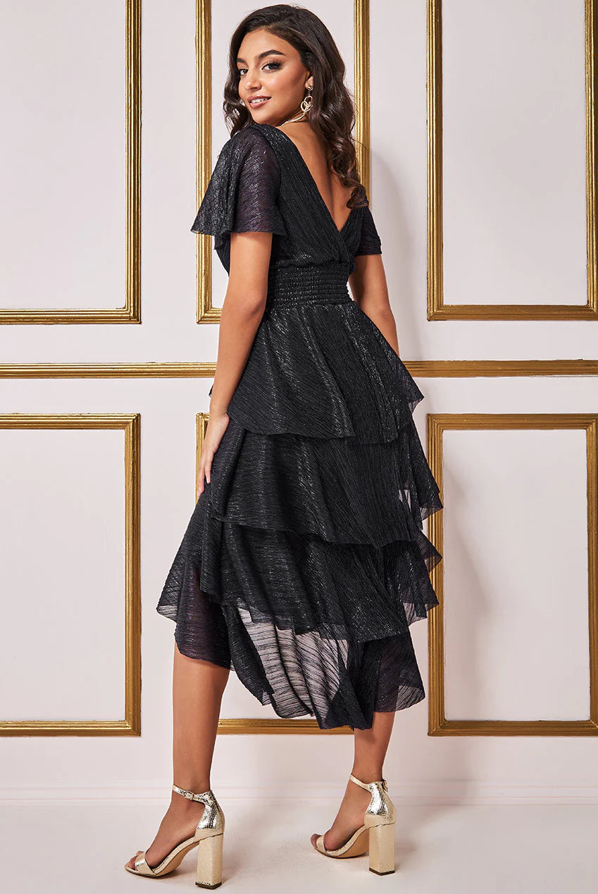 Milani Black Crinkle Lurex High Low Angel Sleeve Tiered Midi Dress