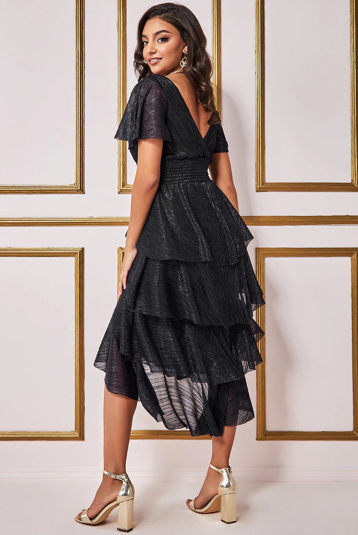 Milani Black Crinkle Lurex High Low Angel Sleeve Tiered Midi Dress