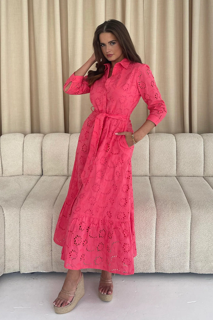 Michelle Coral Broderie Anglaise Belted Maxi Shirt Dress