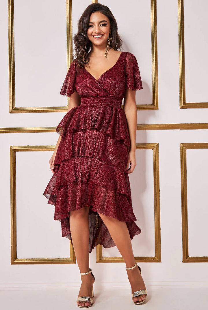 Milani Wine Red Crinkle Lurex High Low Angel Sleeve Tiered Midi Dress