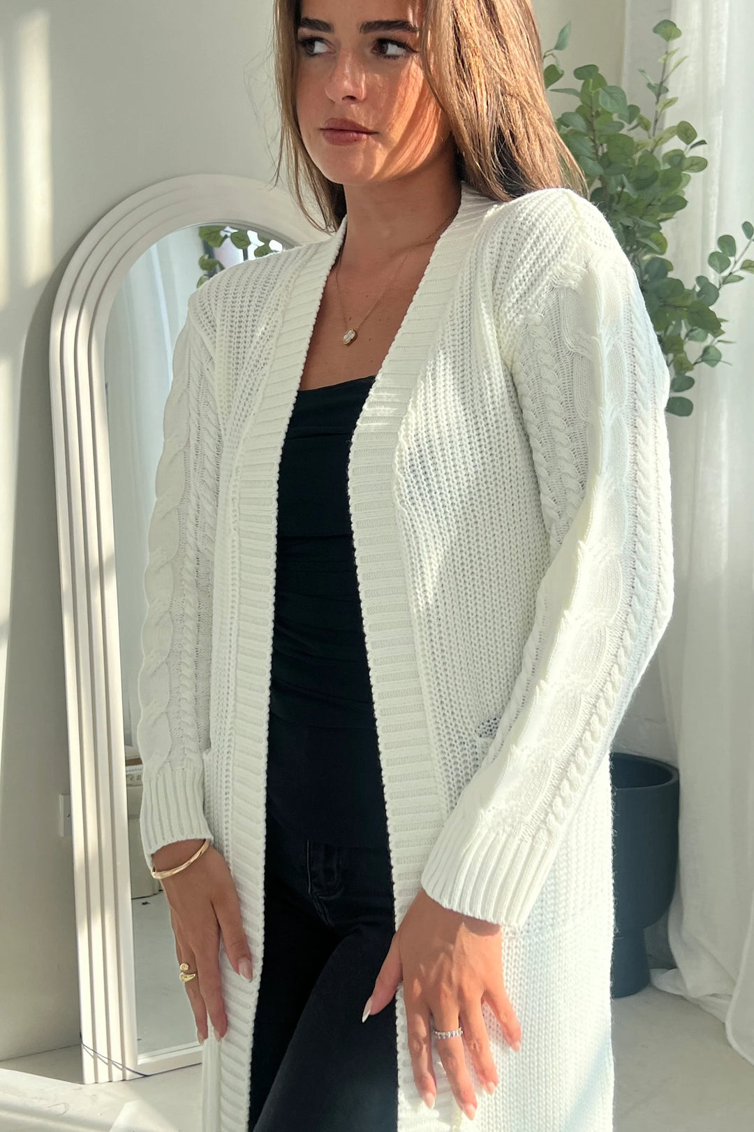 Neve Cream Cableknit Longline Cardigan