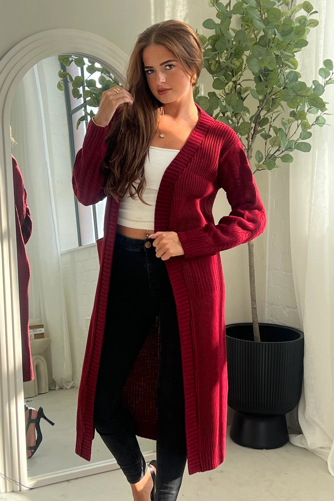 Neve Wine Red Cableknit Longline Cardigan