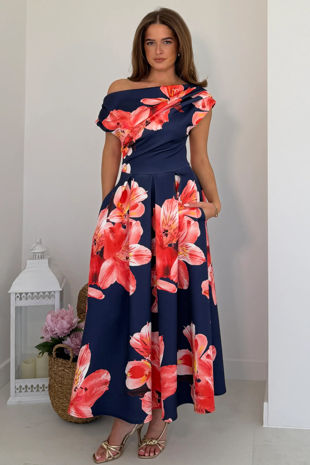 Betty Navy and Orange Floral Asymmetric Neckline Skater Maxi Dress With Pockets