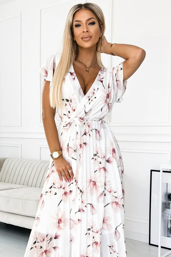 Amalfi Coast Cherry Blossom Short Sleeve Pleated Belted Chiffon Maxi Dress
